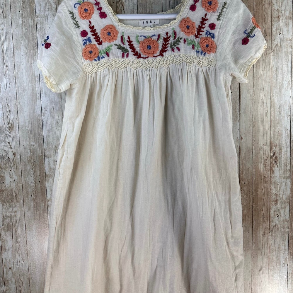THML Dress S Ivory Embroidered Floral Square Neck Crochet Trim Pullover *flawed